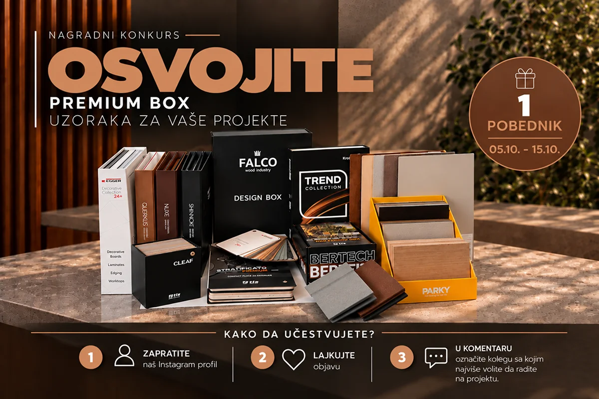 Tis Premium box uzoraka: EGGER, Kronospan, Decospan, Cleaf, Falco, Abet Laminati i TimberTech kolekcije